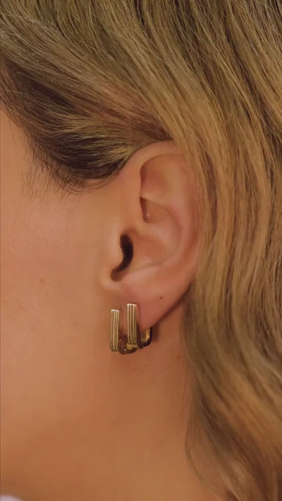 14K Gold Ribbed Rectangle Earrings, Oblong Rectangle Hoop Earrings