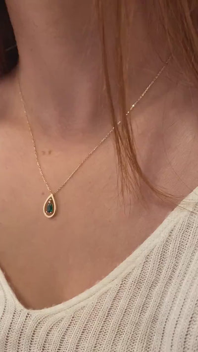 14K Gold Emerald Necklace, Pear Shape Emerald Pendant