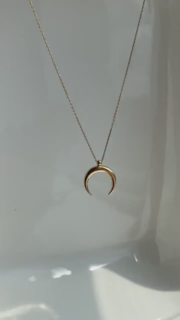 14K Horn Necklace, Solid Gold Moon Necklace