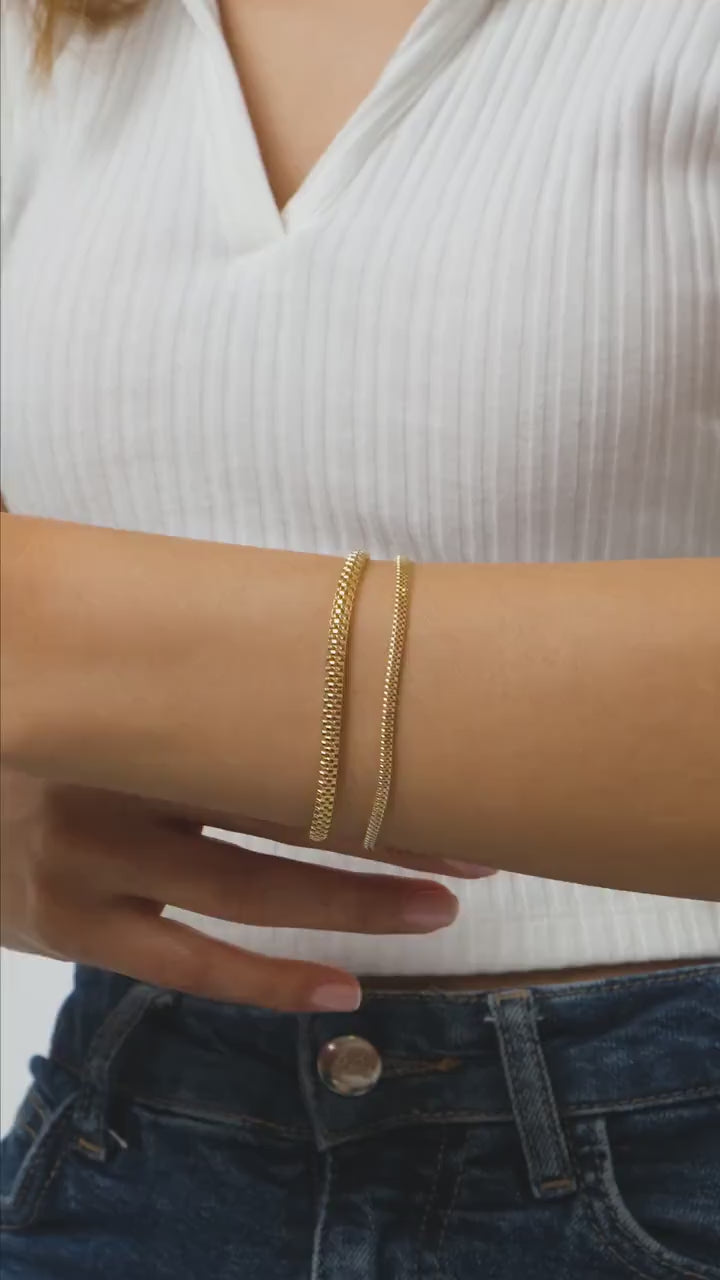 14K Gold Popcorn Bracelet, 3mm Curb Wrist Chain