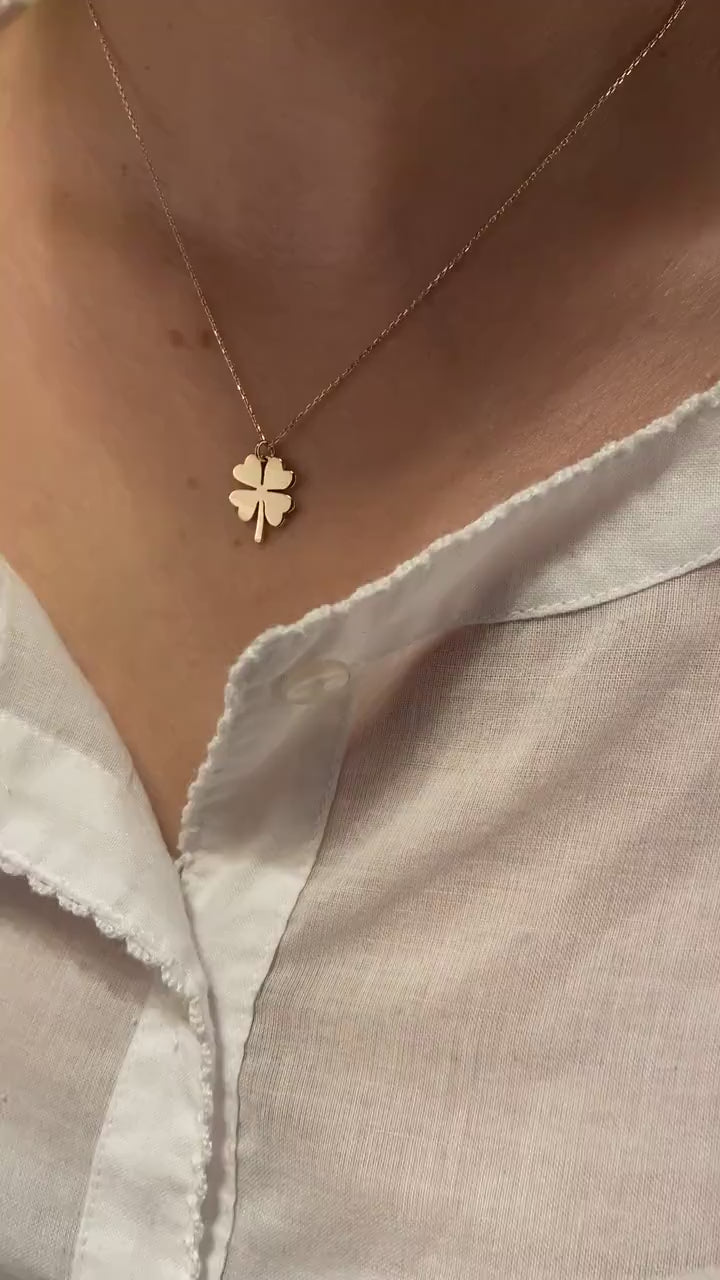 14K Gold Clover Necklace, Dainty Good Luck Pendant