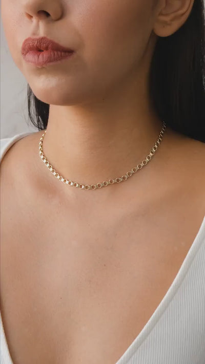 14K Gold Rolo Chain Necklace, 5mm Gold Link Belcher Chain Choker