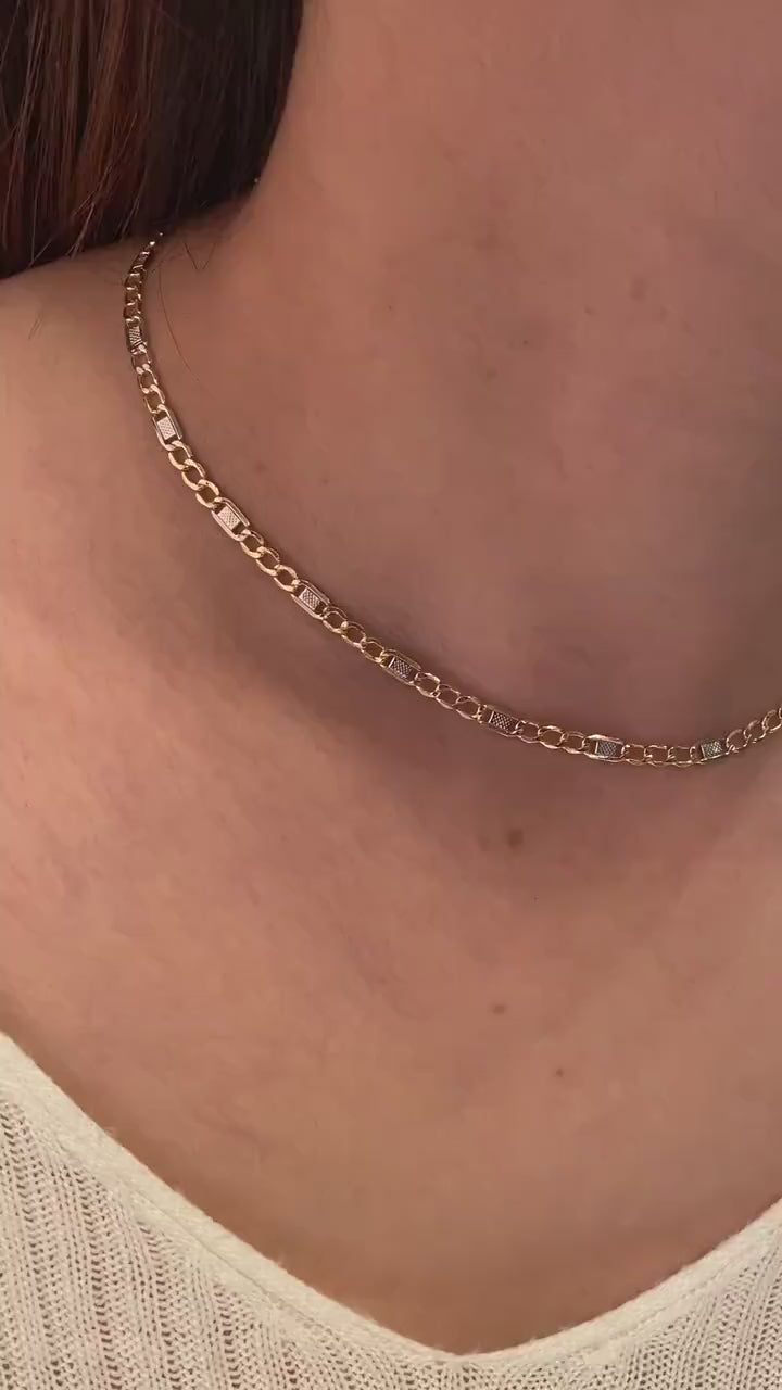 14K Gold Figaro Chain Necklace, Light Tone Mariner Choker