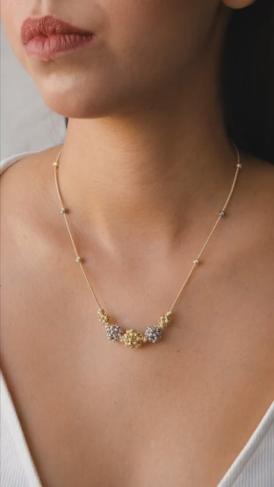 14K Gold Satellite Flower Necklace, Two Tone Ball Chain Necklace